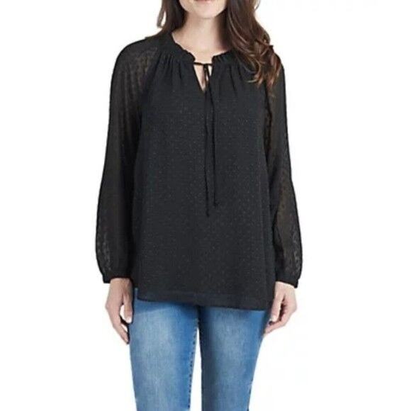 Daniel Rainn · Sheer Tunic Blouse · Small · Ruffle Collar Split V-Neck · Black - Picture 1 of 11